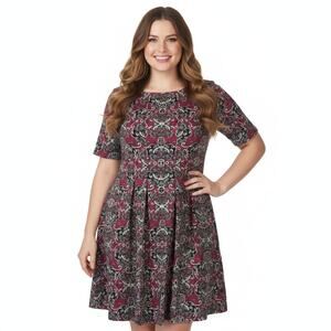 Melonie Skater Dress Red Black Damask Gothic Dark Academia Short Sleeve Sz 16W